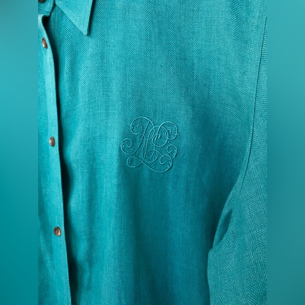 Lauren Ralph Lauren Embroidered Teal Women's Linen Button Down Shirt Size 1X - Picture 3 of 7